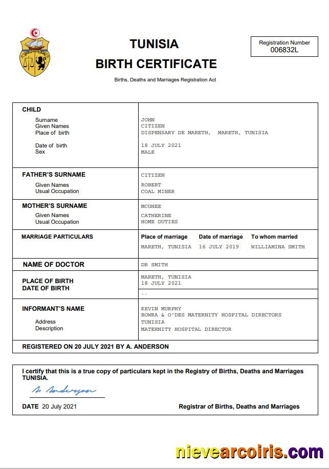 Tunisia vital record birth certificate